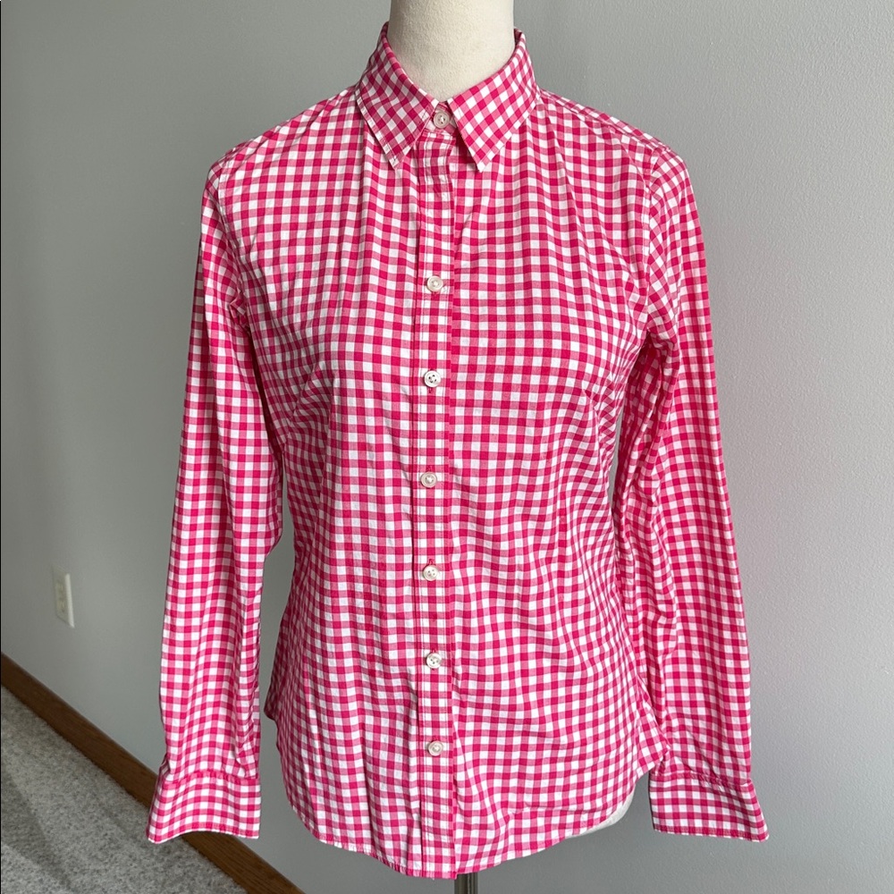 Banana Republic button down gingham pink white top blouse shirt no-iron fitted 4